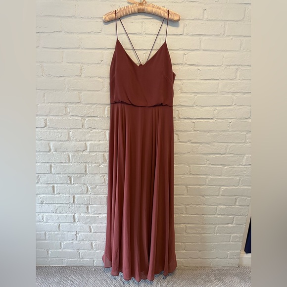 Jenny Yoo Inesse Thin Strap V Neck Long Chiffon Gown Cinnamon Rose - Picture 4 of 11